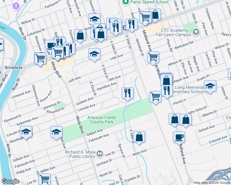 map of restaurants, bars, coffee shops, grocery stores, and more near 134 Godwin Avenue in Elmwood Park