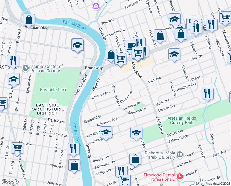 map of restaurants, bars, coffee shops, grocery stores, and more near 87 Glenwood Avenue in Elmwood Park