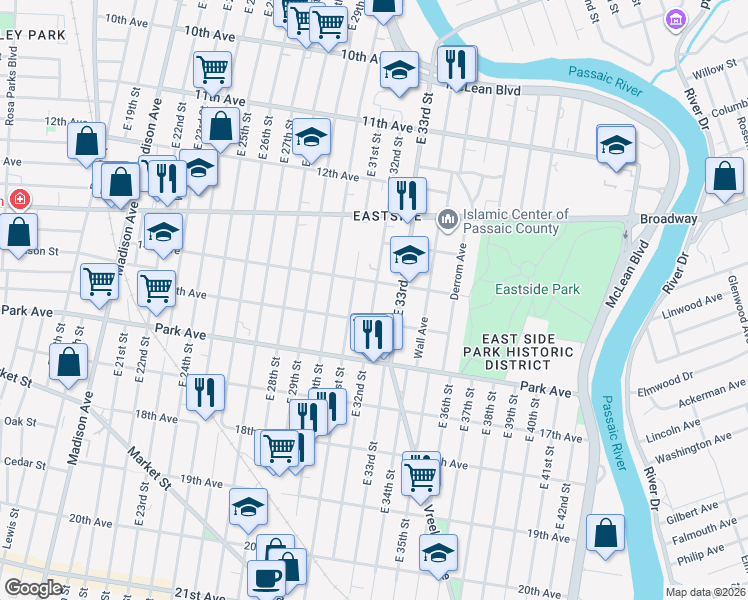 map of restaurants, bars, coffee shops, grocery stores, and more near 272 East 32nd Street in Paterson