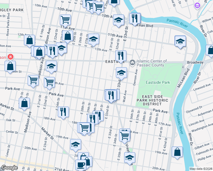 map of restaurants, bars, coffee shops, grocery stores, and more near 272 East 32nd Street in Paterson