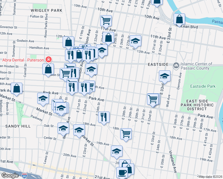 map of restaurants, bars, coffee shops, grocery stores, and more near 362 15th Avenue in Paterson