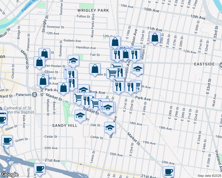 map of restaurants, bars, coffee shops, grocery stores, and more near 232 16th Avenue in Paterson