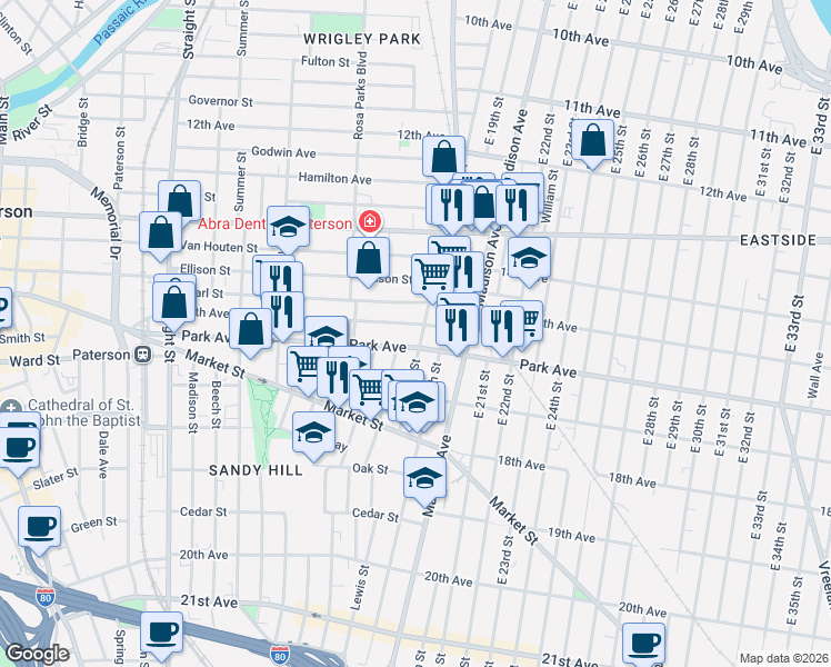 map of restaurants, bars, coffee shops, grocery stores, and more near 230 16th Avenue in Paterson