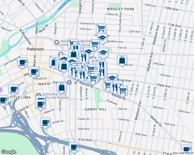 map of restaurants, bars, coffee shops, grocery stores, and more near in Paterson