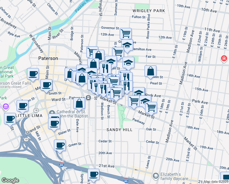 map of restaurants, bars, coffee shops, grocery stores, and more near 77 Park Avenue in Paterson