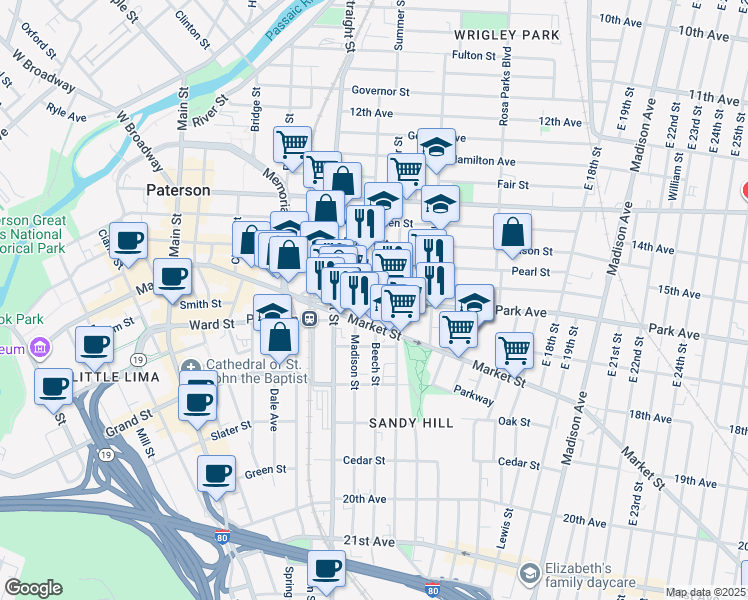 map of restaurants, bars, coffee shops, grocery stores, and more near 51/57 Park Avenue in Paterson