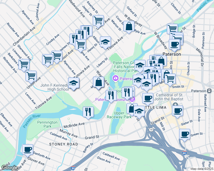 map of restaurants, bars, coffee shops, grocery stores, and more near 1 Wayne Avenue in Paterson