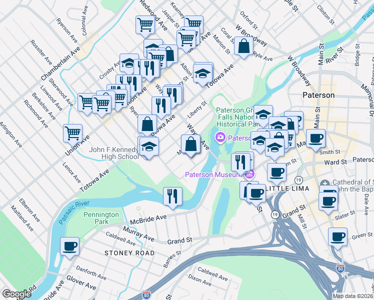 map of restaurants, bars, coffee shops, grocery stores, and more near 112 Maple Street in Paterson