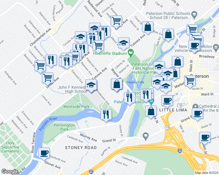 map of restaurants, bars, coffee shops, grocery stores, and more near 148 Walnut Street in Paterson