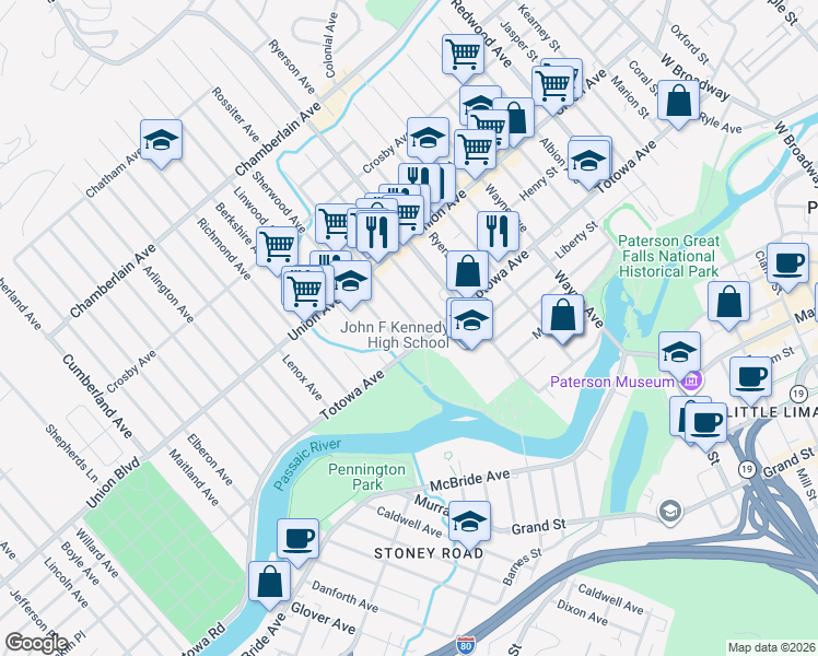 map of restaurants, bars, coffee shops, grocery stores, and more near 11 Rossiter Avenue in Paterson
