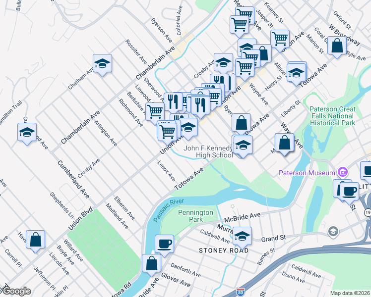 map of restaurants, bars, coffee shops, grocery stores, and more near 54 Berkshire Avenue in Paterson