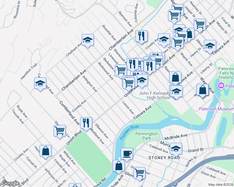 map of restaurants, bars, coffee shops, grocery stores, and more near 97 Lenox Avenue in Paterson
