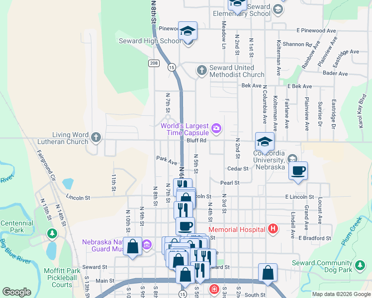 map of restaurants, bars, coffee shops, grocery stores, and more near 923 North 6th Street in Seward