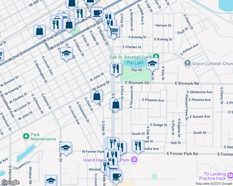 map of restaurants, bars, coffee shops, grocery stores, and more near 800-884 S Locust St in Grand Island