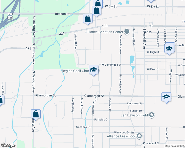 map of restaurants, bars, coffee shops, grocery stores, and more near 663 Fernwood Boulevard in Alliance
