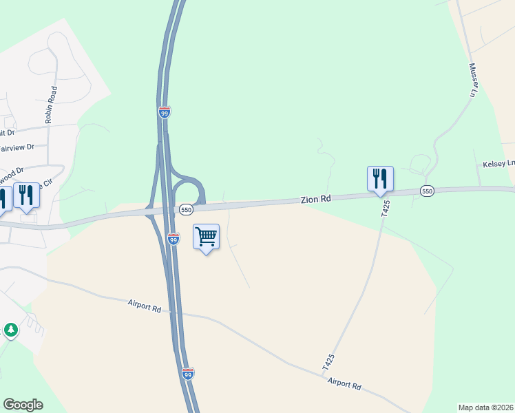 map of restaurants, bars, coffee shops, grocery stores, and more near 1512-1556 Zion Road in Bellefonte