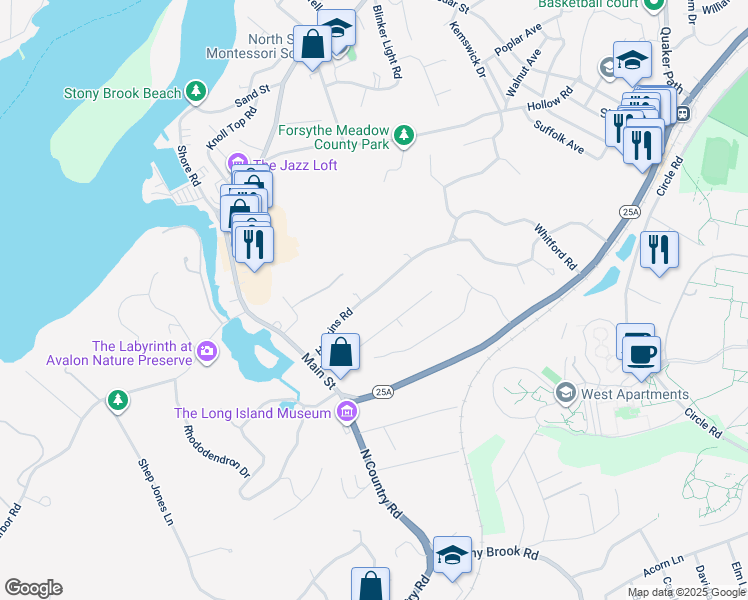 map of restaurants, bars, coffee shops, grocery stores, and more near 14 Hawkins Road in Stony Brook