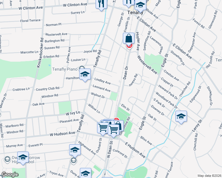 map of restaurants, bars, coffee shops, grocery stores, and more near 63 Leonard Avenue in Tenafly