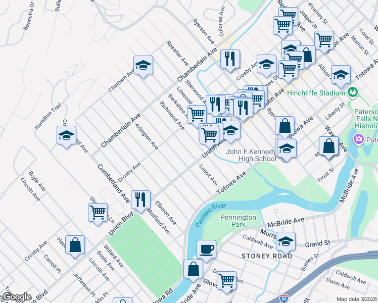 map of restaurants, bars, coffee shops, grocery stores, and more near 97 Lenox Avenue in Paterson