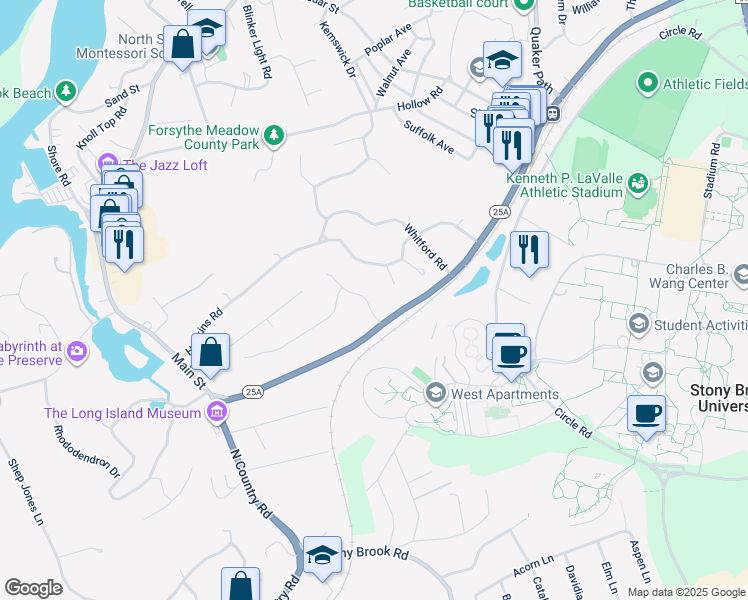 map of restaurants, bars, coffee shops, grocery stores, and more near 5 Beacon Hill Drive in Stony Brook