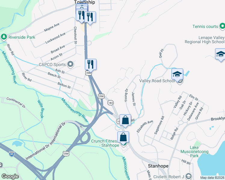map of restaurants, bars, coffee shops, grocery stores, and more near 108 Stonegate Lane in Stanhope