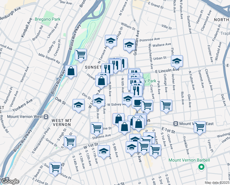 map of restaurants, bars, coffee shops, grocery stores, and more near 136 North 7th Avenue in Mount Vernon