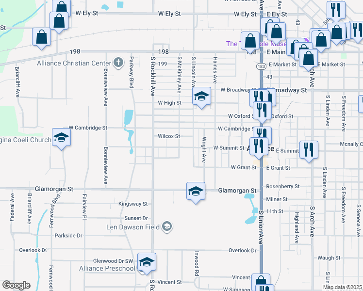 map of restaurants, bars, coffee shops, grocery stores, and more near 676 South Mc Kinley Avenue in Alliance