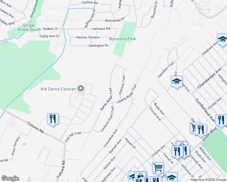map of restaurants, bars, coffee shops, grocery stores, and more near 30 Battle Ridge Trail in Totowa
