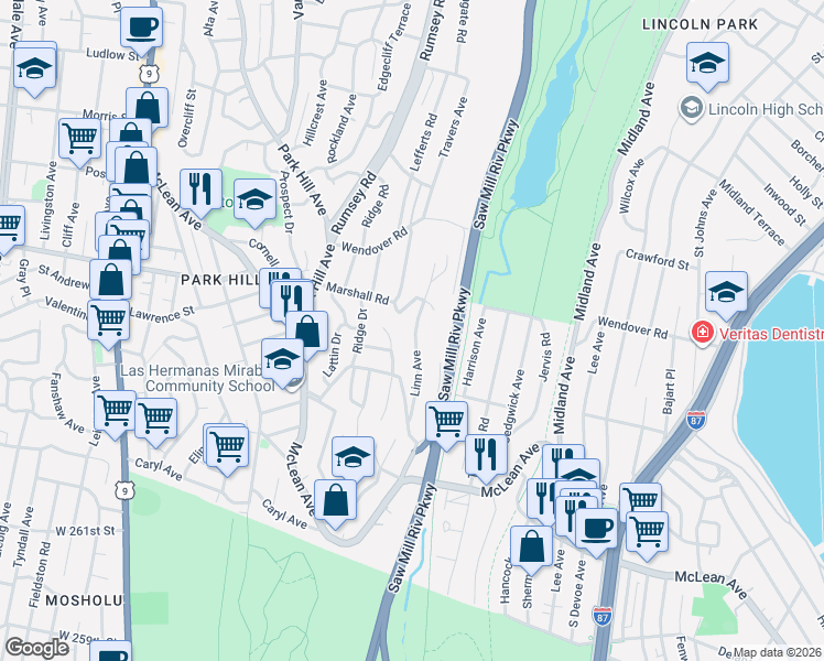 map of restaurants, bars, coffee shops, grocery stores, and more near 95 Linn Avenue in Yonkers