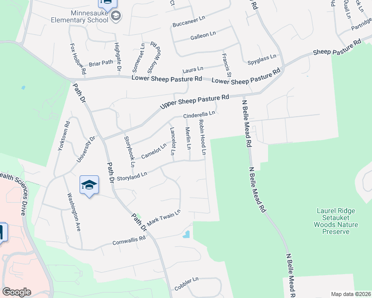 map of restaurants, bars, coffee shops, grocery stores, and more near 16 Merlin Lane in Setauket- East Setauket