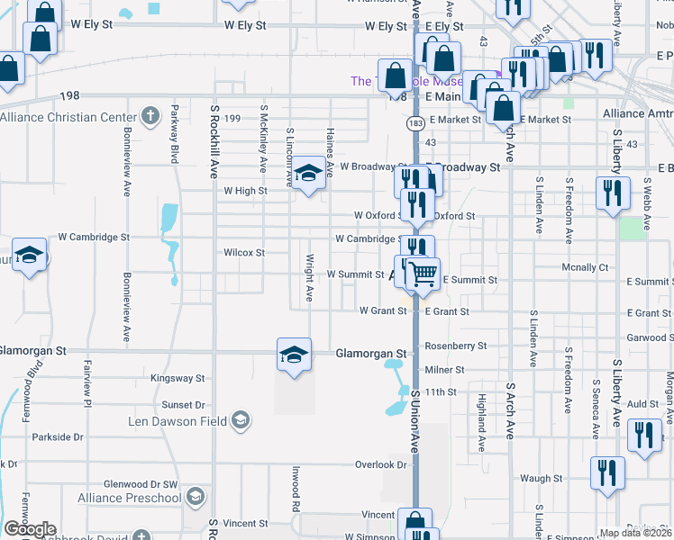 map of restaurants, bars, coffee shops, grocery stores, and more near 237 West Summit Street in Alliance