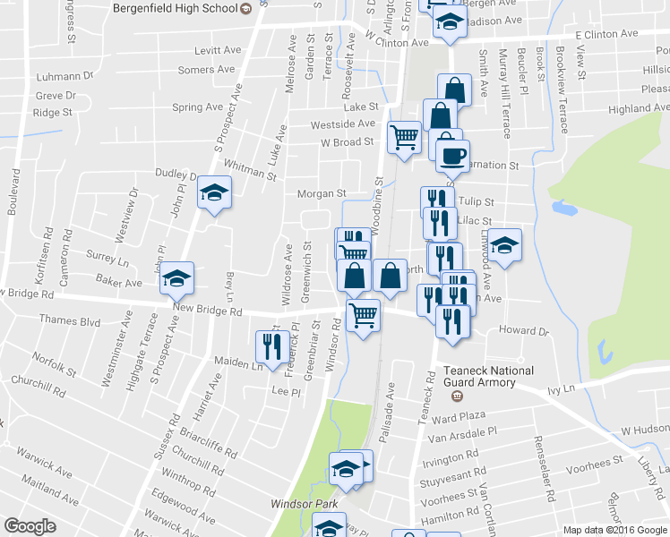 map of restaurants, bars, coffee shops, grocery stores, and more near 401 Windsor Road in Bergenfield