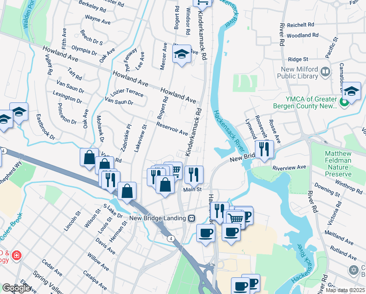 map of restaurants, bars, coffee shops, grocery stores, and more near 215 Kinderkamack Road in River Edge