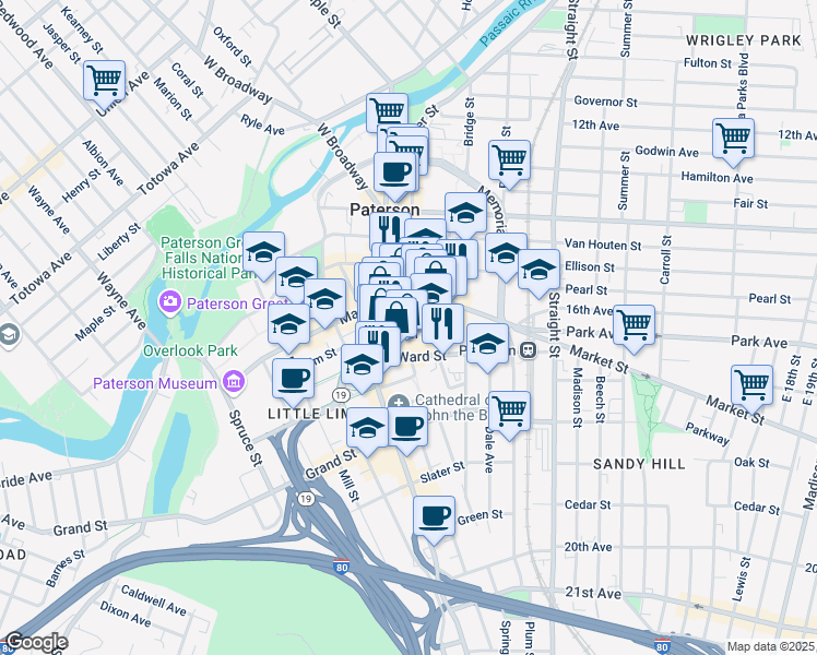 map of restaurants, bars, coffee shops, grocery stores, and more near 29 Hamilton Street in Paterson