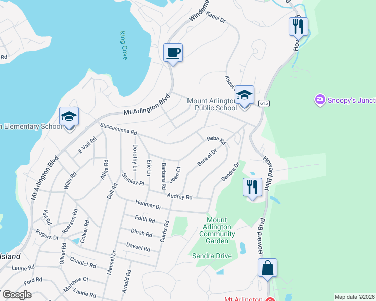 map of restaurants, bars, coffee shops, grocery stores, and more near 697 Reba Road in Mount Arlington