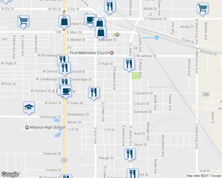 map of restaurants, bars, coffee shops, grocery stores, and more near 445 Mcnally Court in Alliance