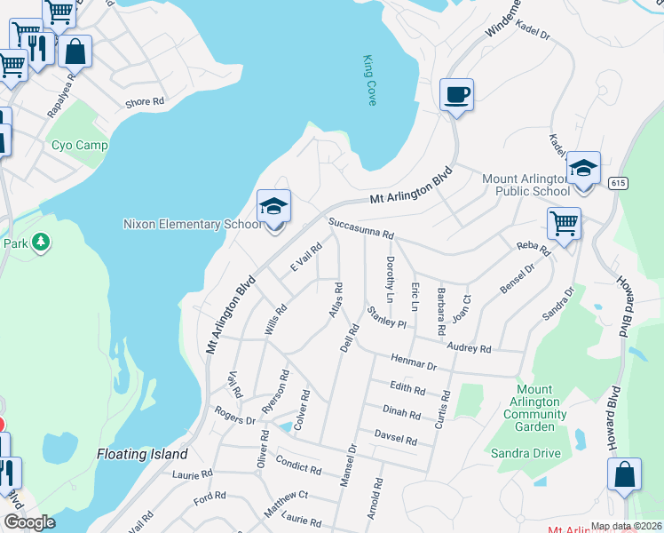 map of restaurants, bars, coffee shops, grocery stores, and more near 540 Ogden Road in Roxbury Township