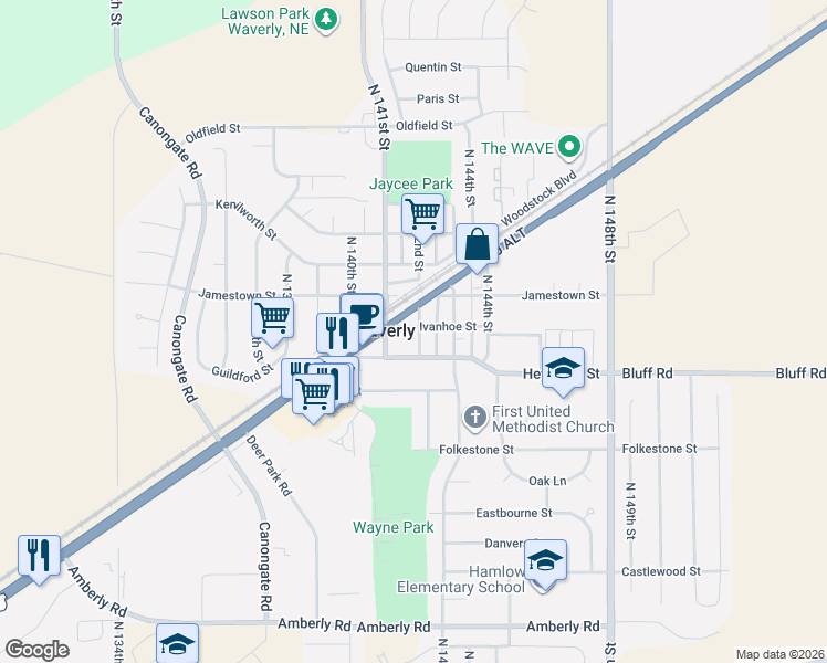 map of restaurants, bars, coffee shops, grocery stores, and more near 10550 North 142nd Street in Waverly