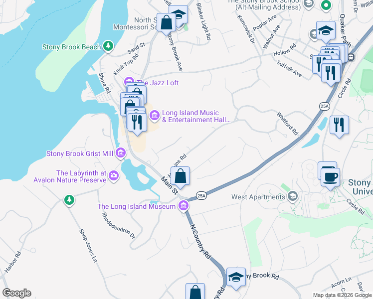 map of restaurants, bars, coffee shops, grocery stores, and more near 14 Hawkins Road in Stony Brook