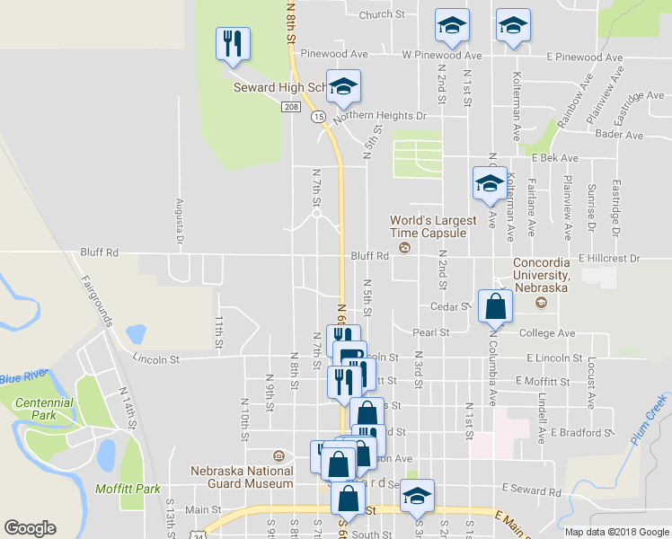 map of restaurants, bars, coffee shops, grocery stores, and more near 923 North 6th Street in Seward
