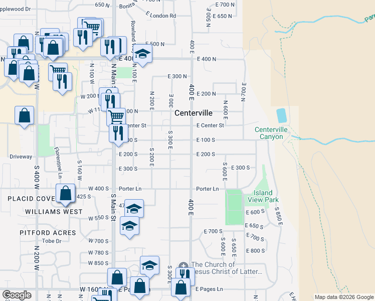 map of restaurants, bars, coffee shops, grocery stores, and more near 375 East 200 South in Centerville