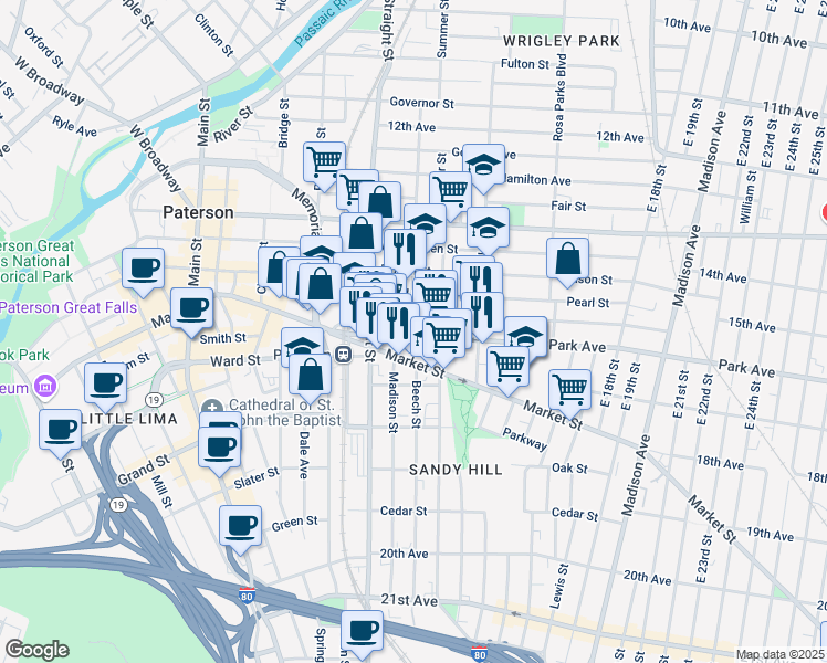 map of restaurants, bars, coffee shops, grocery stores, and more near 51 Park Avenue in Paterson