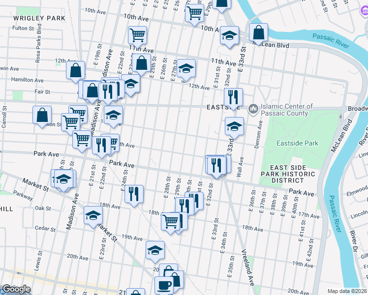 map of restaurants, bars, coffee shops, grocery stores, and more near 592 East 29th Street in Paterson