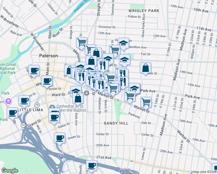 map of restaurants, bars, coffee shops, grocery stores, and more near 51/57 Park Avenue in Paterson