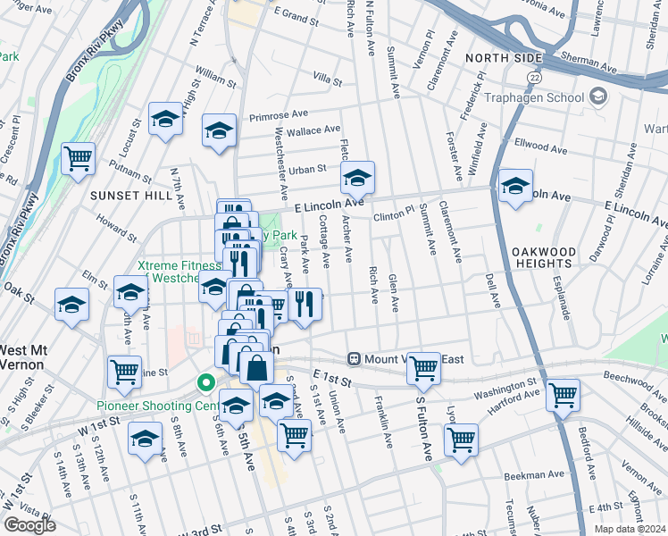 map of restaurants, bars, coffee shops, grocery stores, and more near 125 Cottage Avenue in Mount Vernon