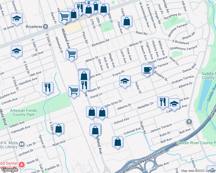 map of restaurants, bars, coffee shops, grocery stores, and more near 258 Hayes Dr in Saddle Brook