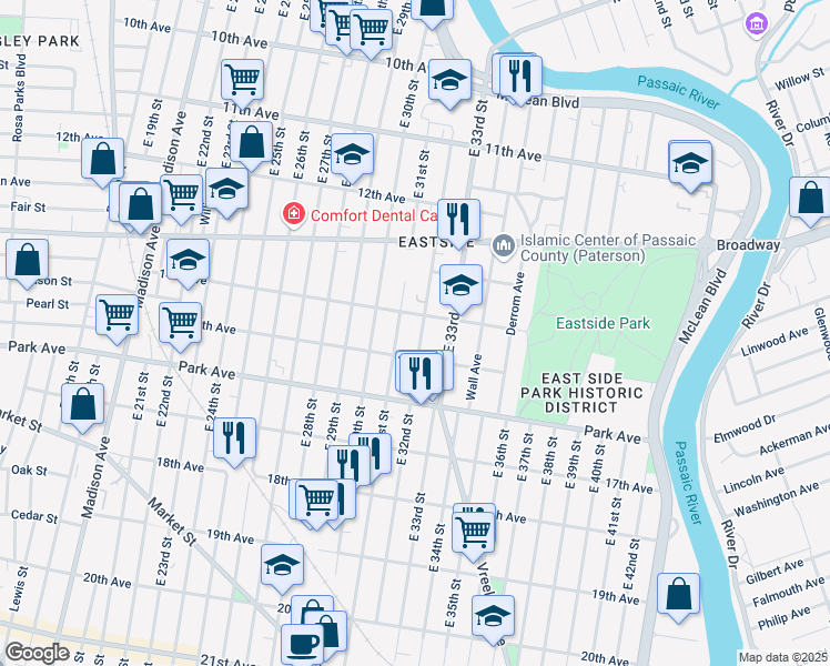 map of restaurants, bars, coffee shops, grocery stores, and more near 272 East 32nd Street in Paterson