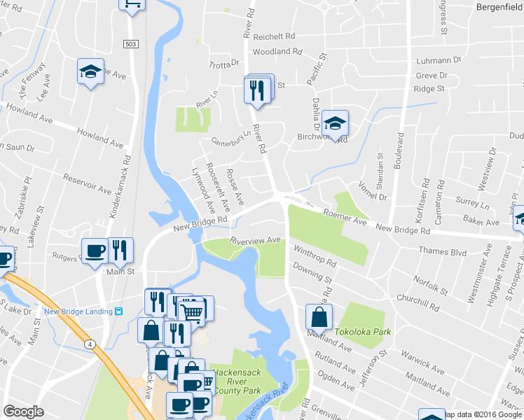 map of restaurants, bars, coffee shops, grocery stores, and more near 746 New Bridge Road in Teaneck