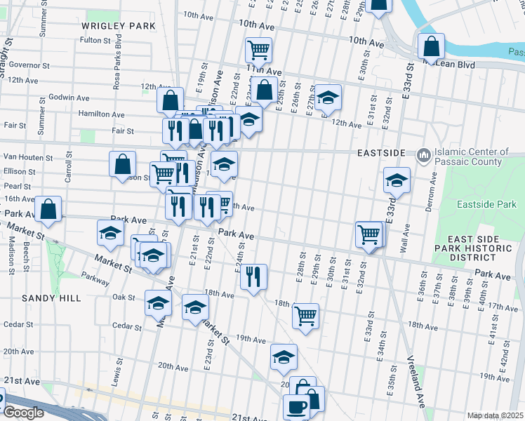 map of restaurants, bars, coffee shops, grocery stores, and more near 350 15th Avenue in Paterson
