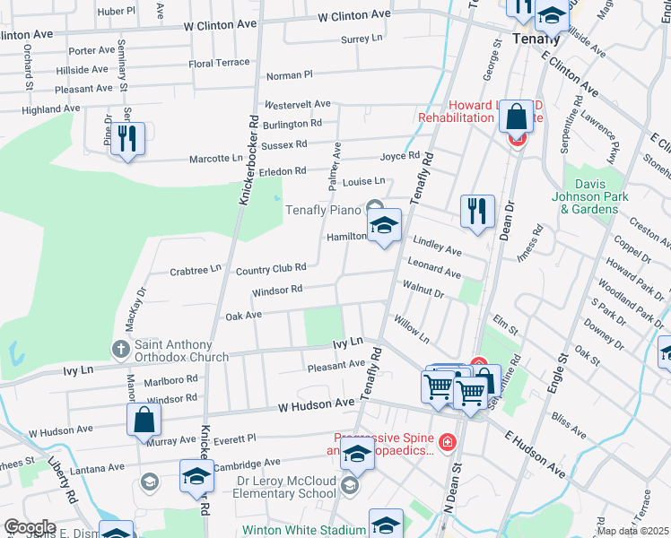 map of restaurants, bars, coffee shops, grocery stores, and more near 17 Harsen Road in Tenafly